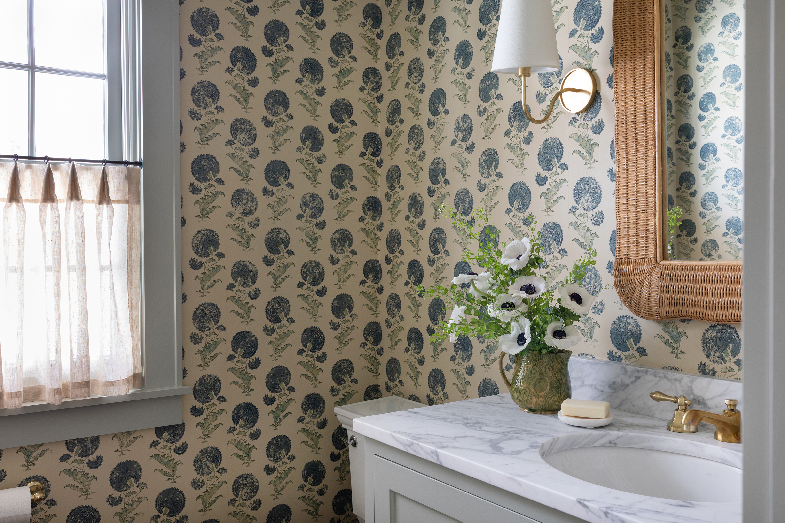 Floral patterned wallpaper powder bathroom 