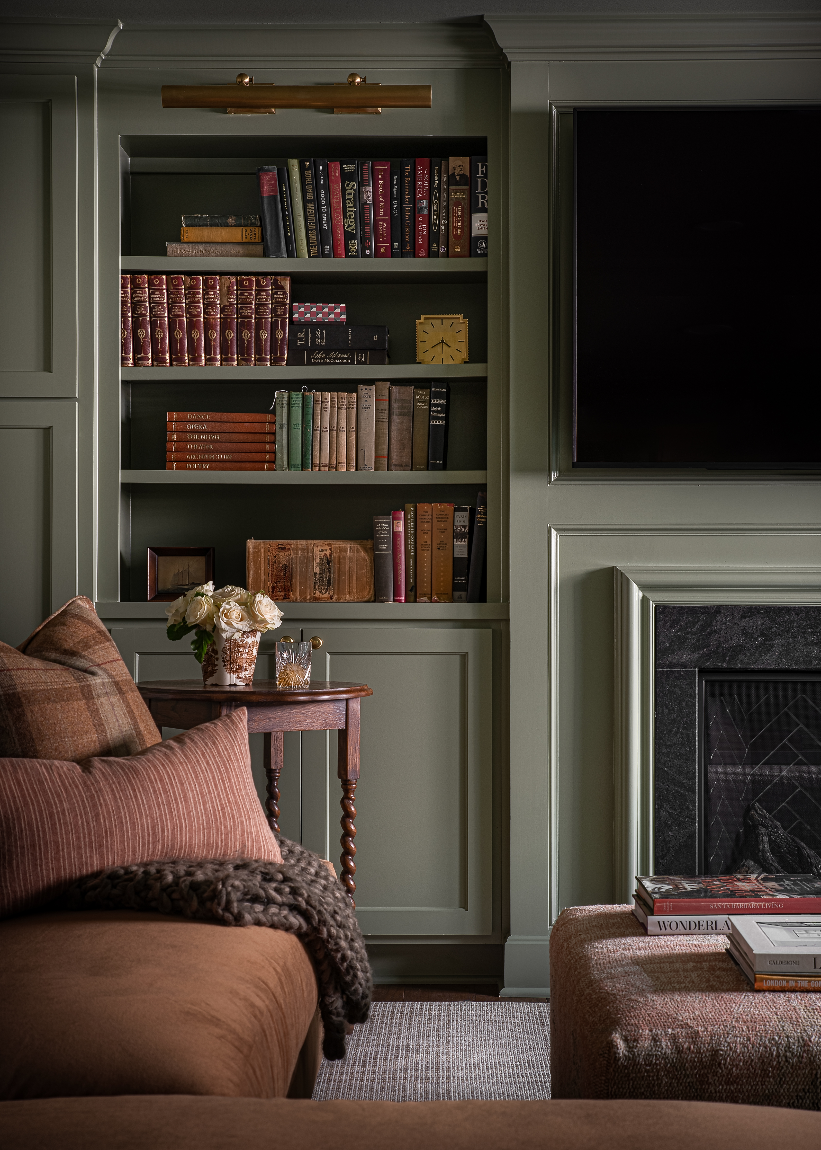 Mission Hill living room remodel with built-in bookcases.